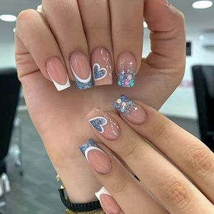 24pcs White French Tip False Nails: Blue Glitter Press On Nails